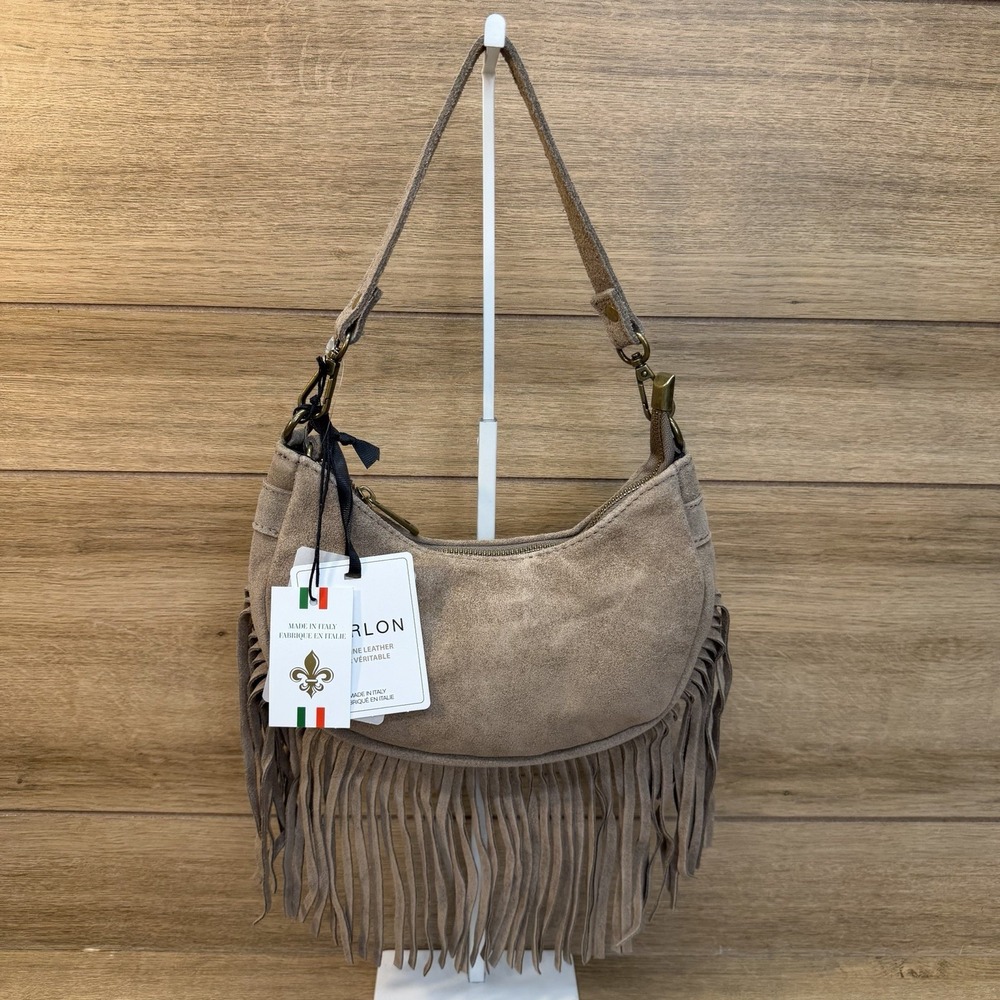 Marlon Firenze Italy Taupe Suede Crescent Shoulder Crossbody Bag Fringe Boho